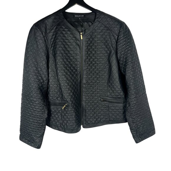 Jones New York Woman Genuine Leather Moto Quilted Full Zip Jacket Black Size 2X - Picture 1 of 8